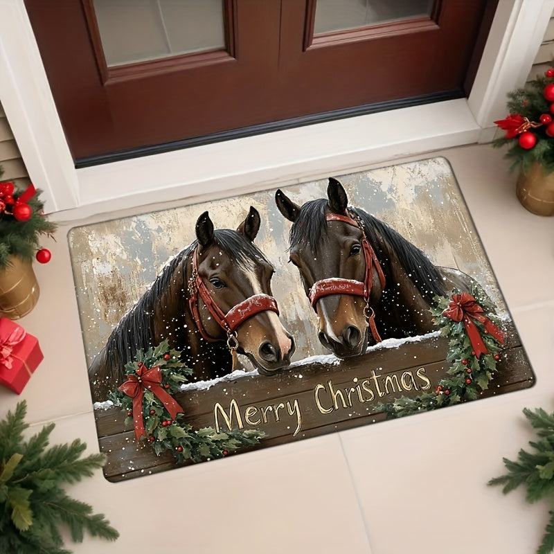 Festive Holiday Christmas Horse Doormat for Kitchen or Living Room - Non-Slip, Washable, Water-Resistant, Lightweight, Machine Made with Flat Woven Polyester and Low Pile Texture