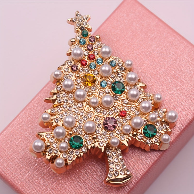 Elegant French designer Christmas tree brooch with luxurious rhinestones, perfect as a women's fashion accessory and novelty pin. This exquisite jewelry piece is ideal for adding a touch of glamour to clothing and makes for a wonderful gift option.