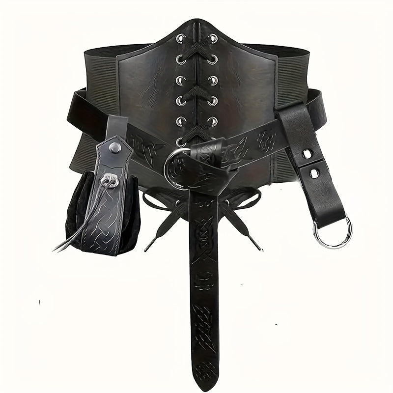 Medieval Renaissance Viking Dress Up Set with Steampunk PU Leather Waist Guard, Belt, Drawstring Pouch, and Clip. Perfect for Halloween Cosplay, LARP Parties, Stage Performances, and Costume Photo Props.