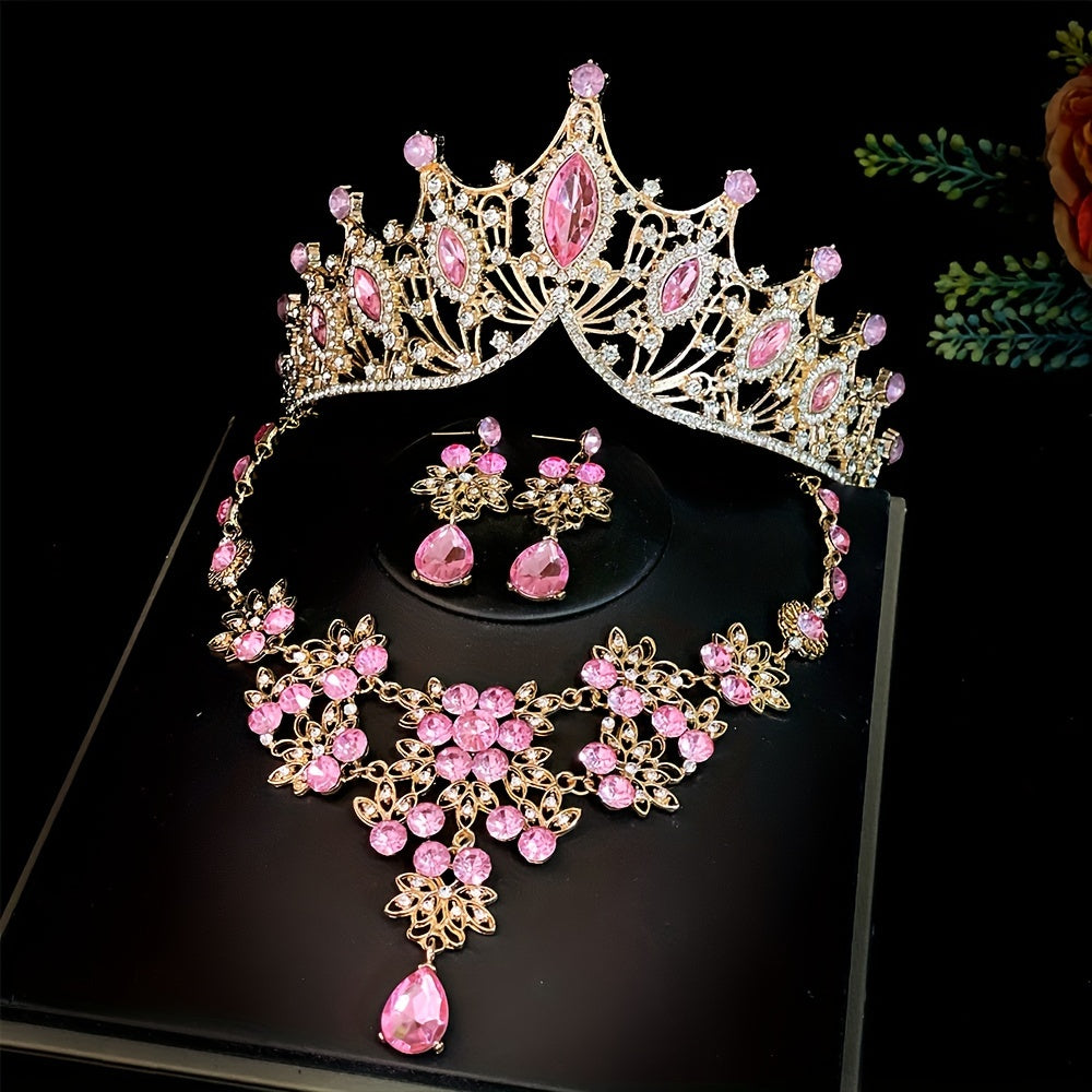 3pc Bridal Crown Set with Tiara, Necklace, and Earrings for Wedding, Photo-shoots, and Parties