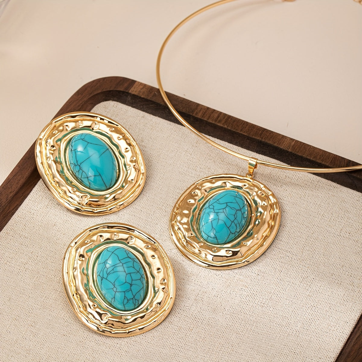 Retro Bohemian Metal Oval Blue Turquoise Two-Piece Set, Including 1 Collar and 1 Pair of Earrings. Elegant French Style, Perfect for Banquets or as Gifts.