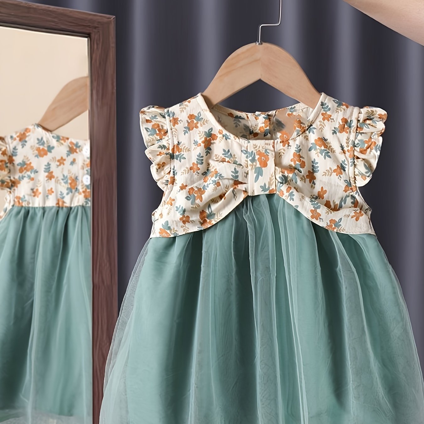 Spring/Summer Flower Print Ruffle Trim Tulle Dress for Girls