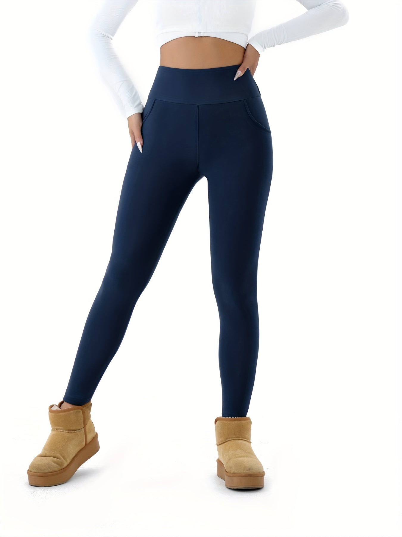 High-waist fleece-lined leggings for women with pockets are cozy, stretchy, and warm. Ideal for fall and winter comfort.