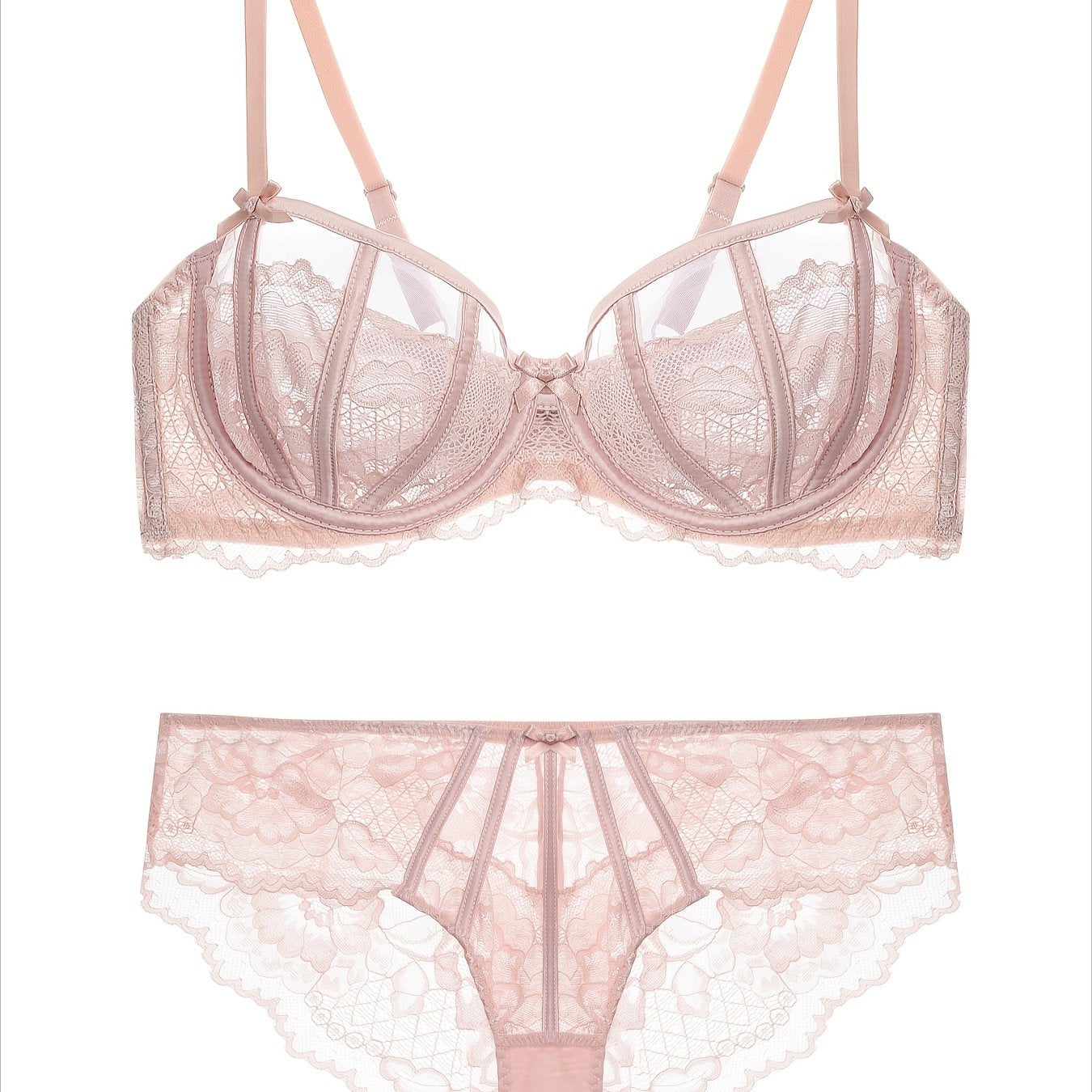 Floral lace unlined bra and bow panties set for women.