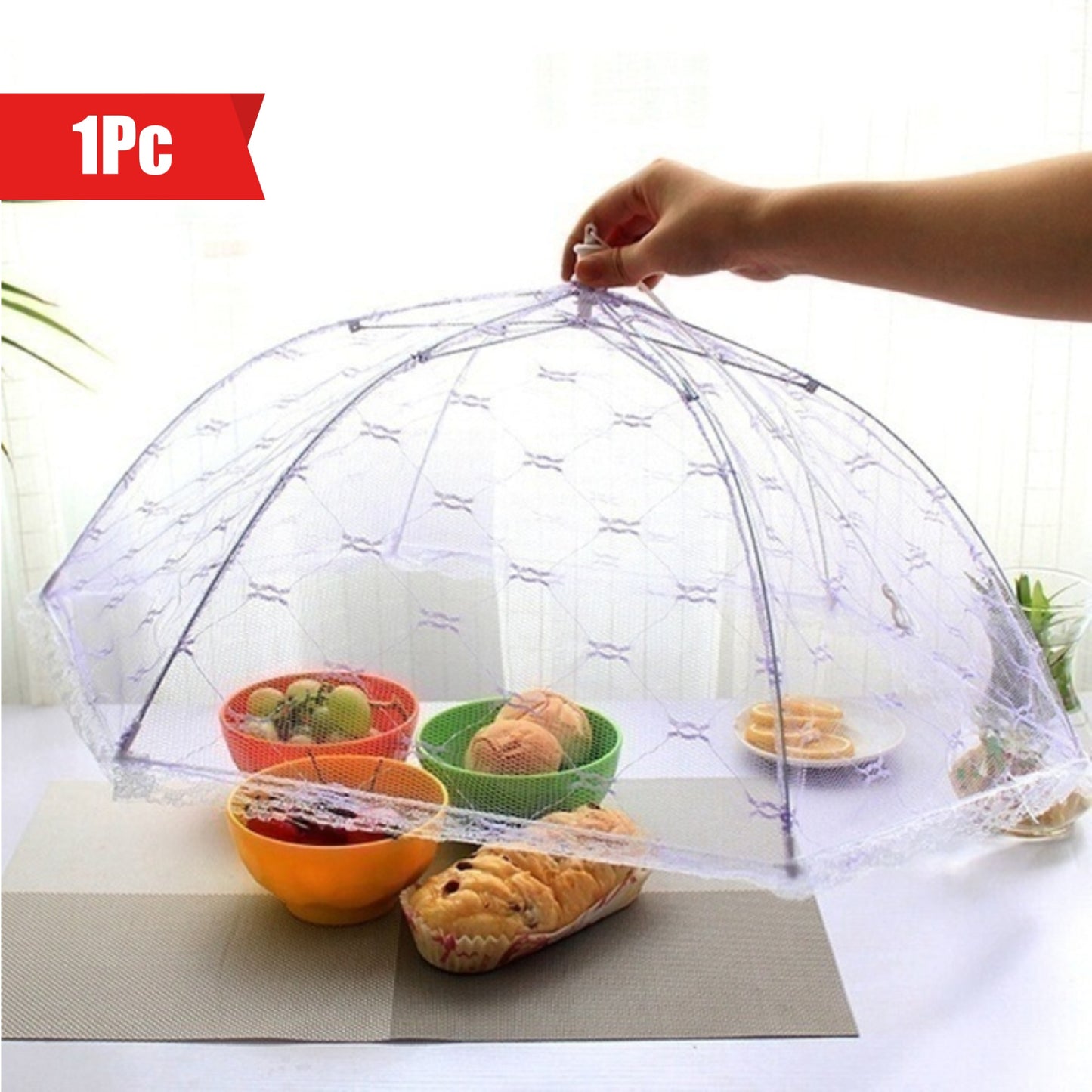 Portable food cover with macrame table for home use or camping.