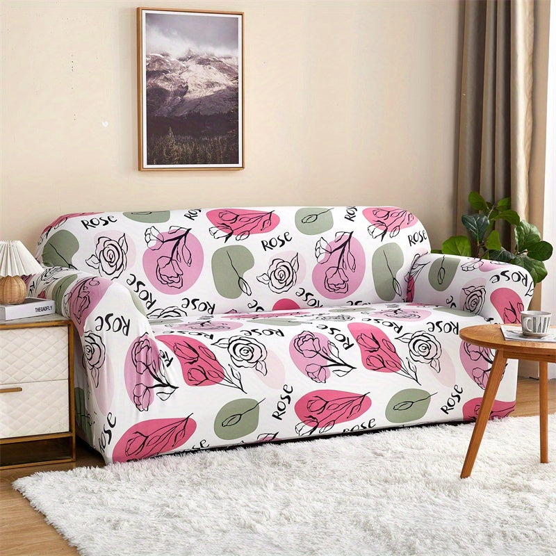 Modern printed sofa slipcover with elastic closure, made of 95% polyester and 5% spandex. Machine washable with active printing and stitched craftsmanship. Fits armchairs to sectional sofas, weighing 100-120gsm fabric.