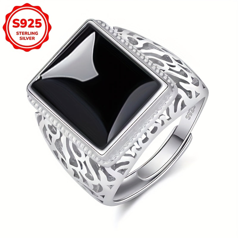 This bold and stylish open ring features a domineering and generous design, with a striking black onyx and hollow imitation jade pattern. Made from 5g of high-quality 925 silver, this ring is suitable for daily wear or for special occasions such as