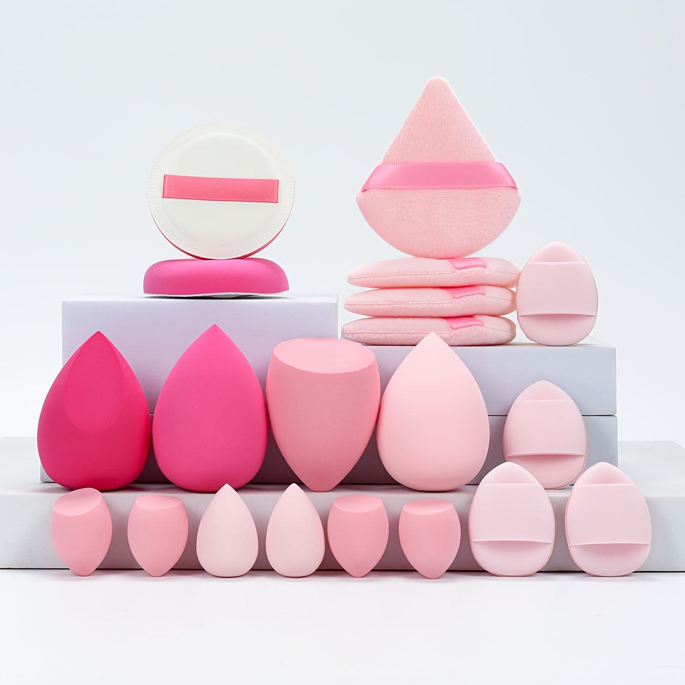 A 20-piece candy set includes various beauty sponges for blending makeup and covering imperfections. Latex-free and suitable for all skin types.