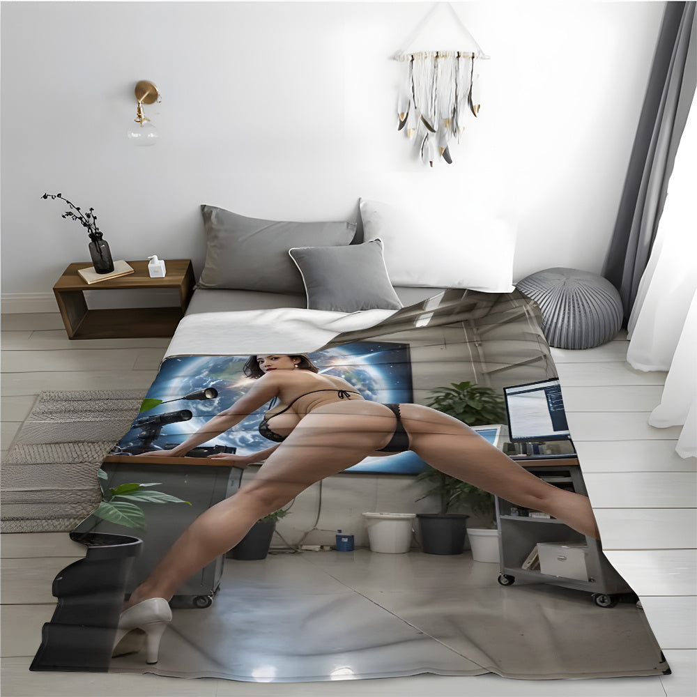 Modern flannel throw blanket that is resistant to stains, perfect for all seasons. Made from knitted polyester, it is cozy and warm with a digital print featuring a sexy blonde. Suitable for use in the living room, bedroom, office, and outdoor camping.