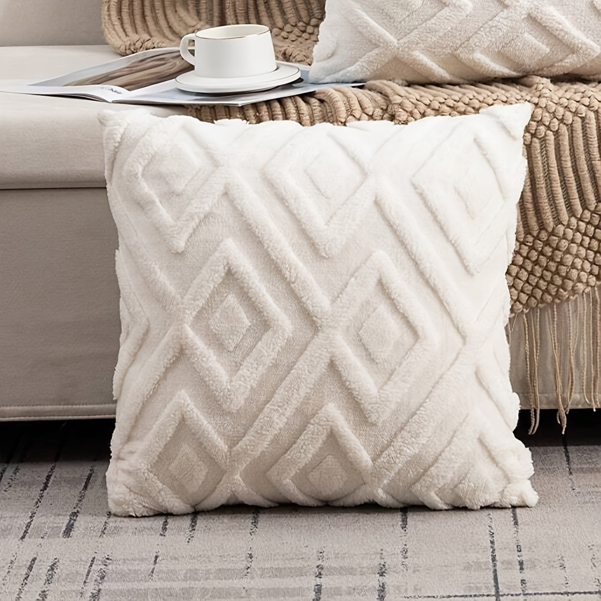 Soft velvet diamond check pillow cover, ideal for office sofa and headboard decor. Machine washable with zip closure (pillow insert not included). Perfect for couch pillows.