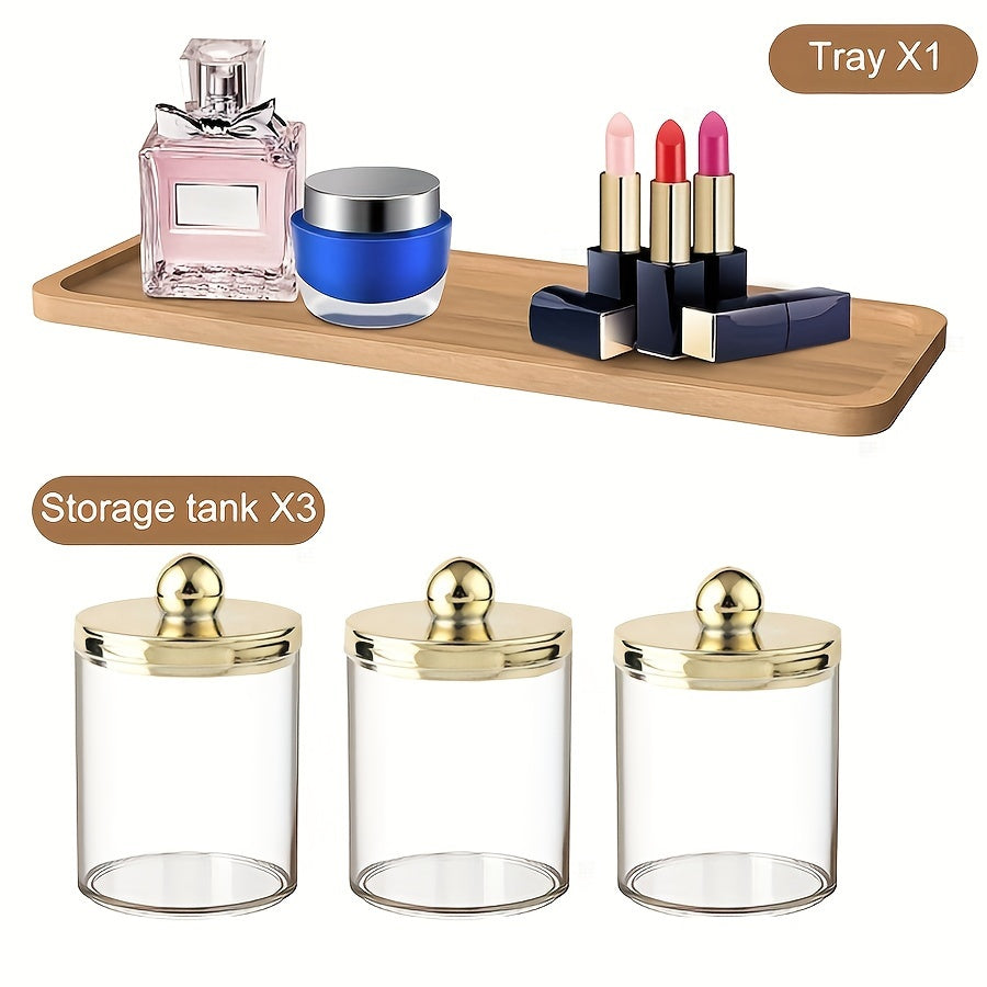 3-piece Qtip holder with tray, acrylic apothecary jars and lids for bathroom storage.