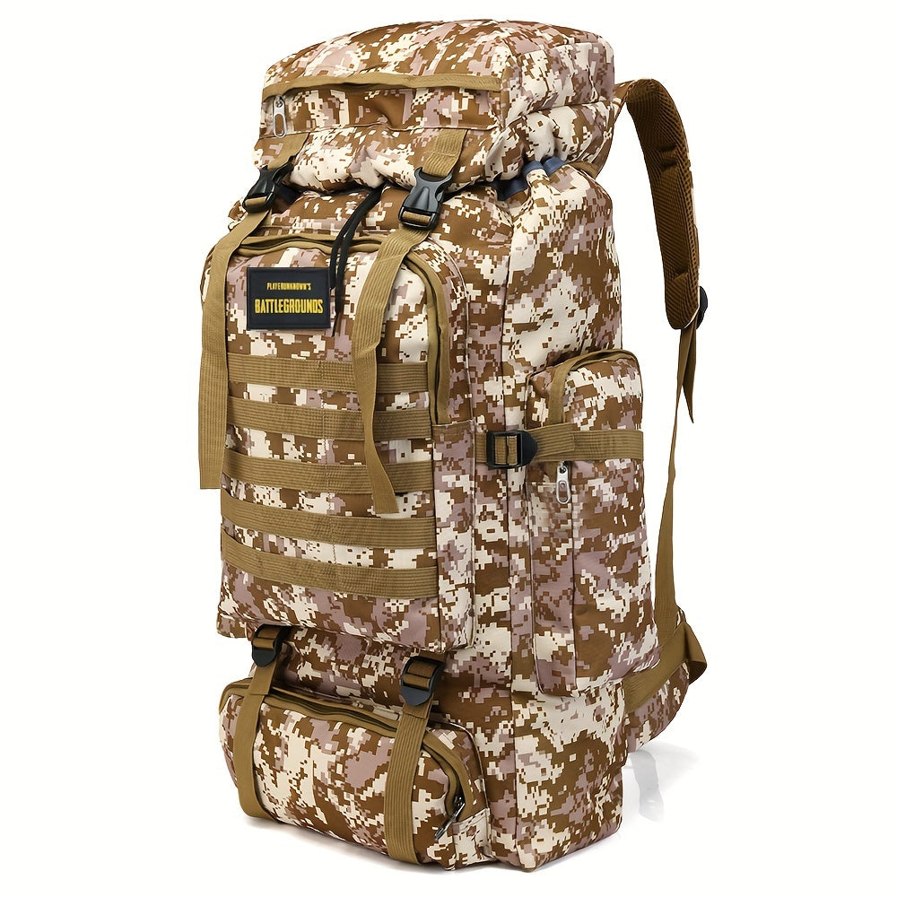 Durable camo travel backpack made from waterproof Oxford cloth, perfect for outdoor adventures and long trips.