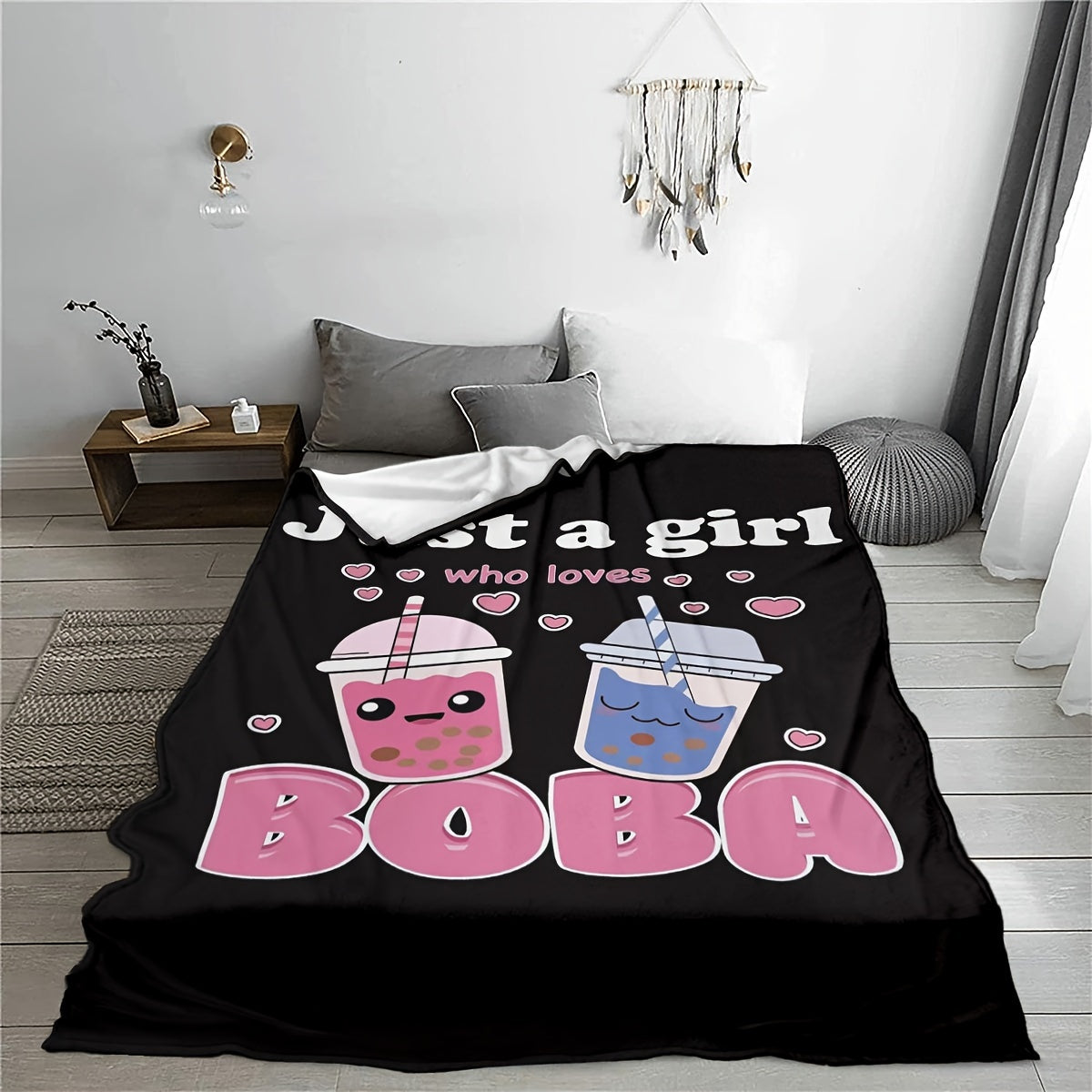 One piece of anime blankets featuring plush boba milk tea fleece, perfect for girls who adore boba. This blanket is filled with comfort, made of super soft and lightweight flannel, suitable for beds and chairs. A cute gift idea!