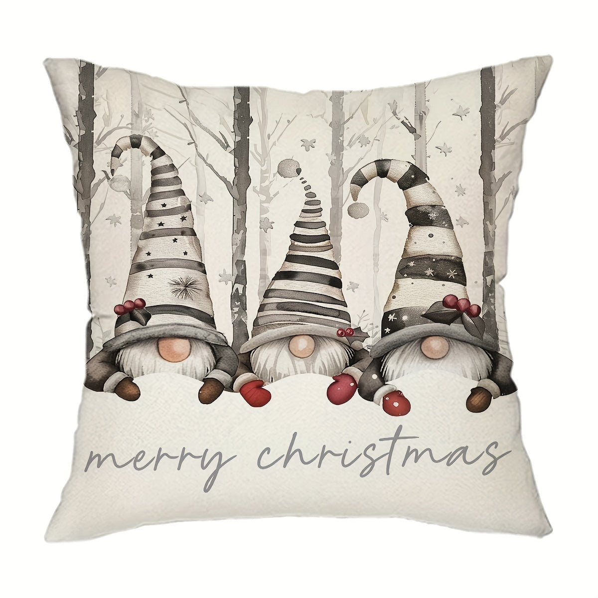 Rustic farmhouse Christmas pillow covers set with gnome snowflake tree design, hand washable polyester, zipper closure. Available in 2 sizes: 29.97cm x 50.04cm & 44.96cm x 44.96cm. Perfect for sofa, couch, living room, and bedroom decor. Pack of 1.