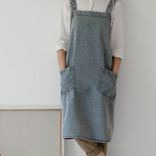 Vintage-style denim apron with pockets, adjustable straps, and waterproof design for kitchen and restaurant work.