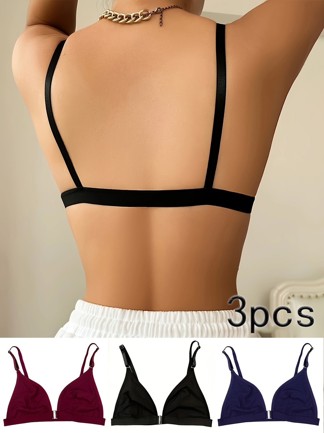 3-piece solid wireless cami bra set with front closure for elegant comfort, push-up support, and lingerie for women