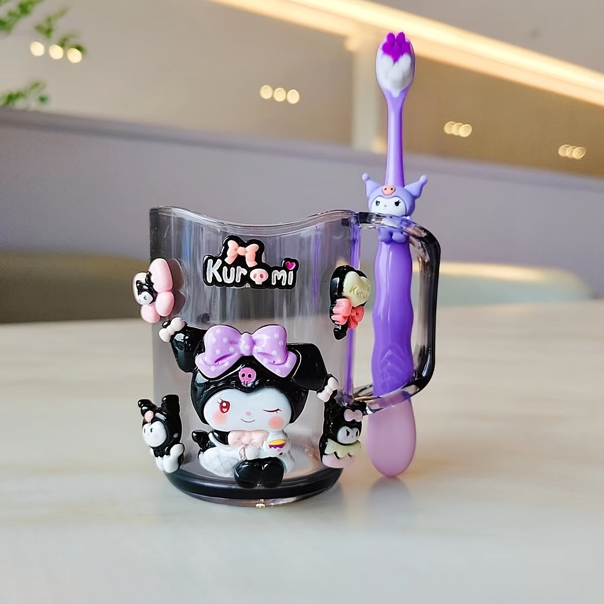 2pcs Sanrio Cute Cartoon Kuromi, Melody toothbrush holder set made of durable PP material for both men and women. Includes mouthwash cup and toothbrush.