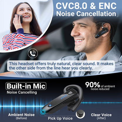 Wireless in-ear headset with 29 hours music playback, 180 hours standby time. Dual connectivity, lightweight, noise-isolating earphones suitable for office, truckers, drivers. Rechargeable