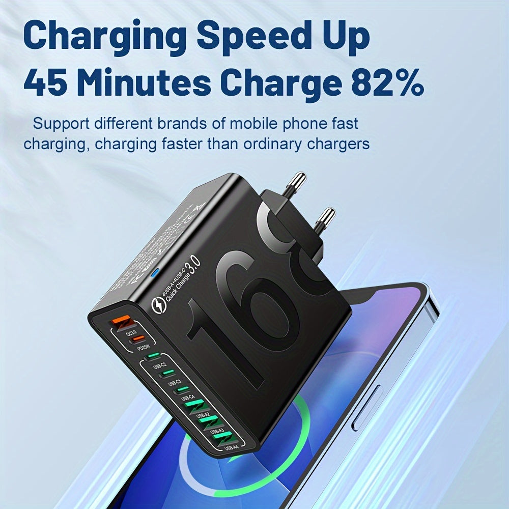 KAXOE 8in1 Fast Charging USB Phone Charger with 4 USB and 4 Type-C ports, QC 3.0 compatible for iPhone and Samsung.