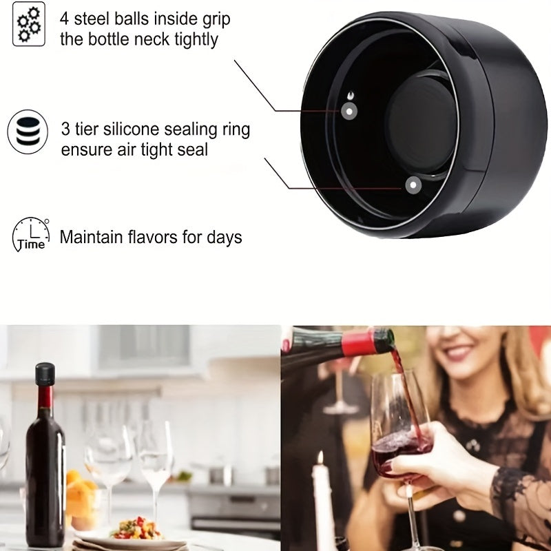 Black rotating wine stopper prevents leaks from red wine bottles, preserves freshness in kitchen and dining.