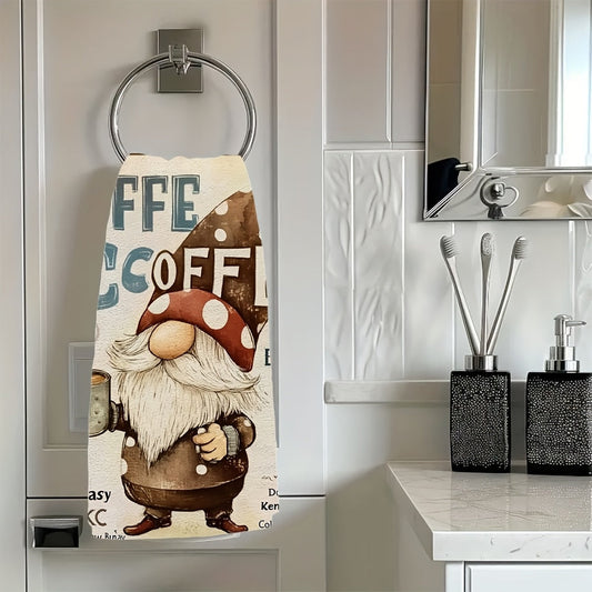 Set of 2 Whimsical Gnome Coffee Kitchen Towels | Featuring Vintage Font & Made of Ultra Soft Polyester | Highly Absorbent, Easy to Clean Dish Hand Towels | Perfect for Charming Holiday Decor, Size 40.64x60.96 cm, Ideal for Gnome Themed Kitchen Decor