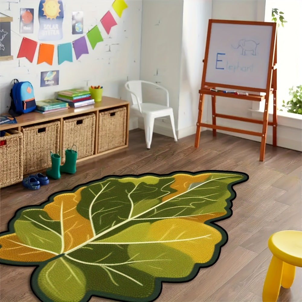 Cozy Green Leaf Pattern Area Rug with Soft Feel - Unique Irregular Shape, Non-Slip, Easy to Clean in Washing Machine. Perfect for Living Room, Bedroom, or Coffee Shop Décor.