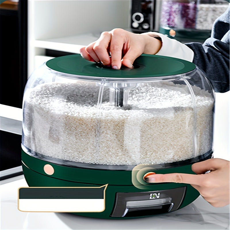 360-degree Rotating Grain Storage Box with 6 Compartments, Measuring Cup, and Automatic Rice Dispenser Button. Ideal for storing rice, cereals, grains, flours, pet food, and maintaining freshness. Perfect for organizing your kitchen supplies.