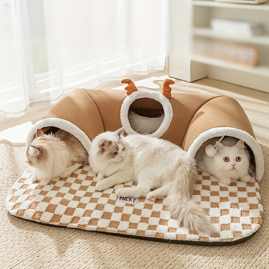 Reindeer Cat Tunnel & Bear Pet Bed for Cozy Holiday Play and Sleep