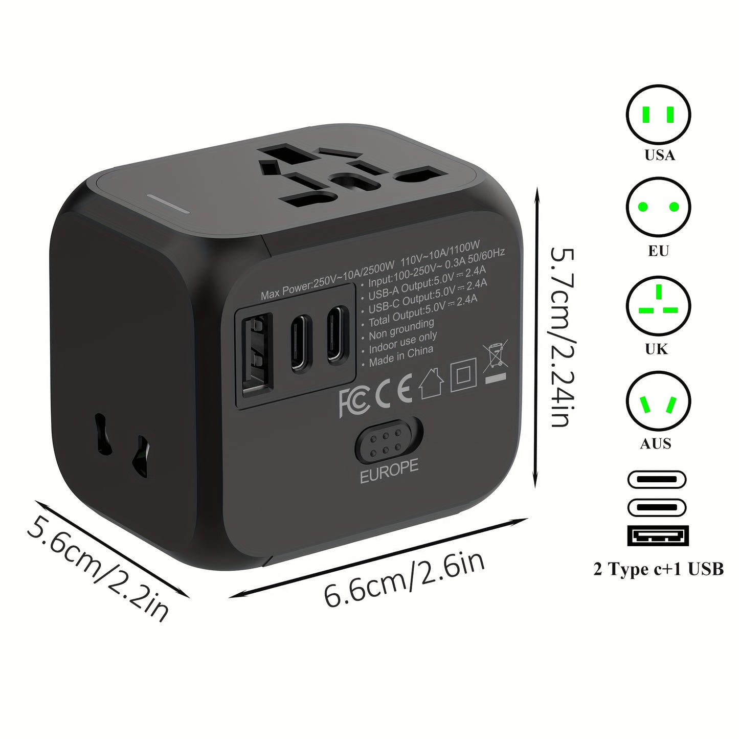 A 2500W Global Travel Charger with International Conversion Plug, perfect for business trips. Available in blue, orange, black, and white. Compatible with US, Australia, UK, and EU outlets.