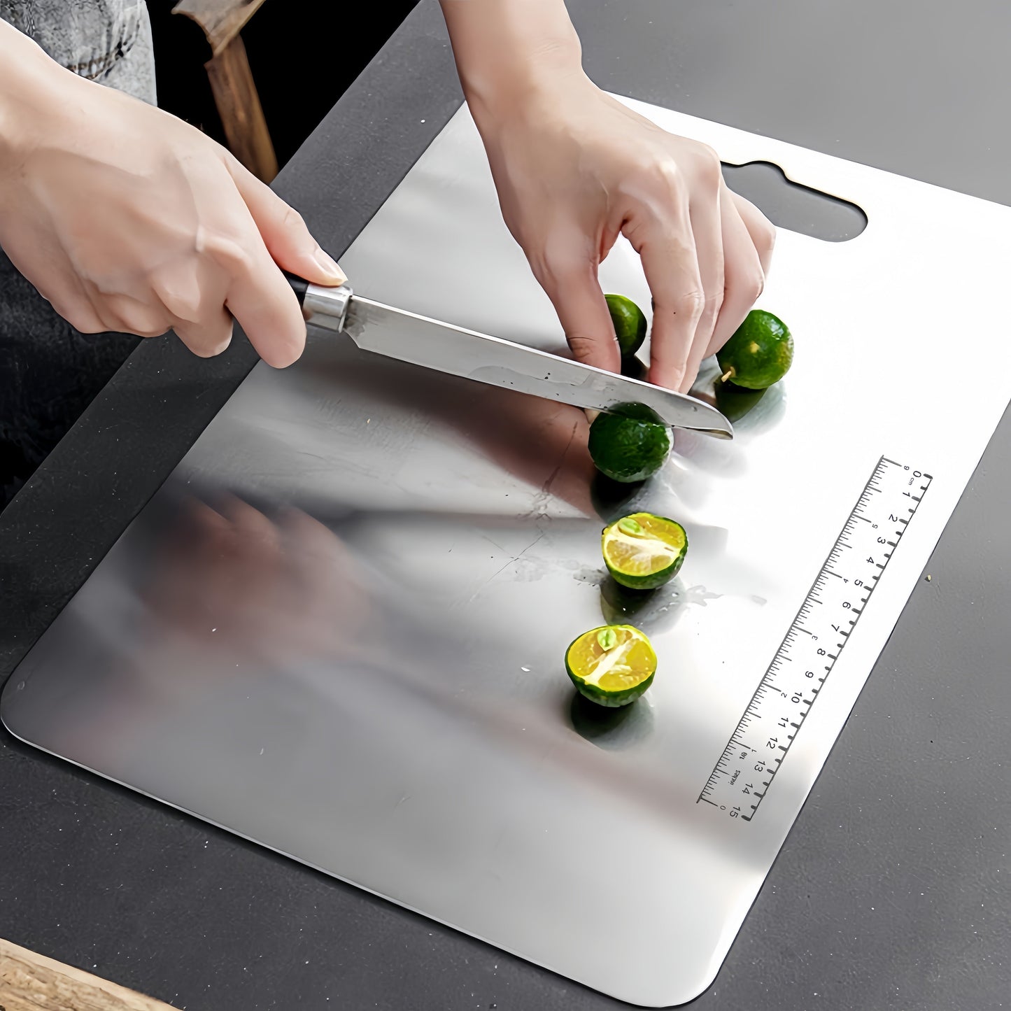 Three stainless steel cutting boards with scales, featuring a double-sided food grade design that can be hung in the kitchen. Ideal for cutting meat, fruits, and vegetables.