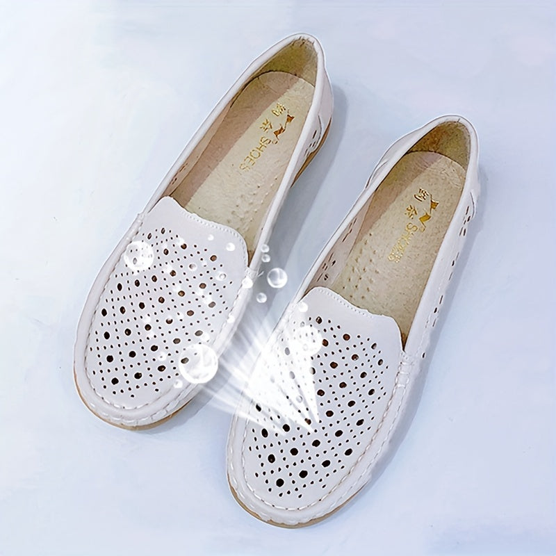 Women's white slip-on loafers with perforated design for breathability, non-slip sole, round toe, and versatile casual style for all-season wear.