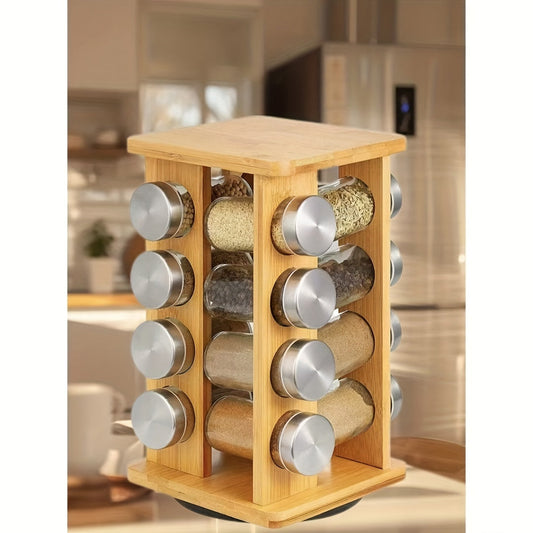 Bamboo Kitchen Countertop Spice Rack: 360 Degree Multi-Grid Rotating Seasoning Bottle Holder, Free Installation, Holds 16 Cans