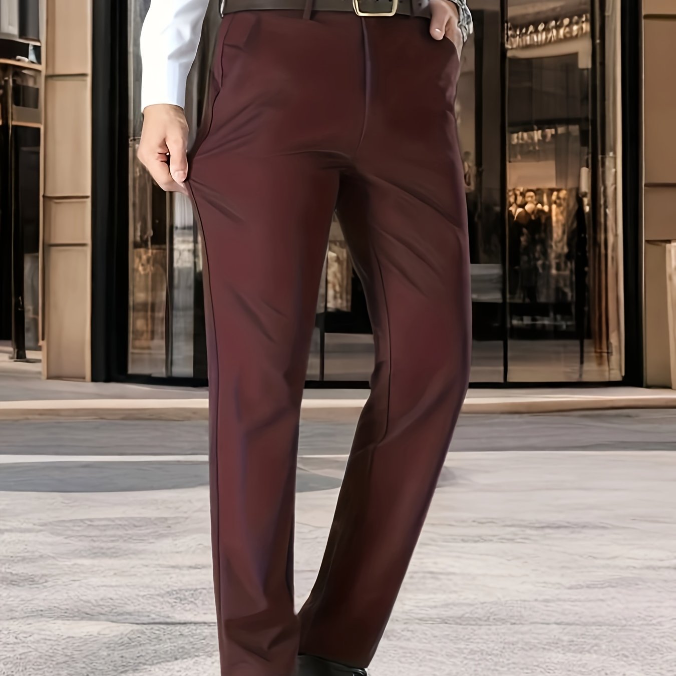 Men's formal solid color stretch dress pants with classic design for business