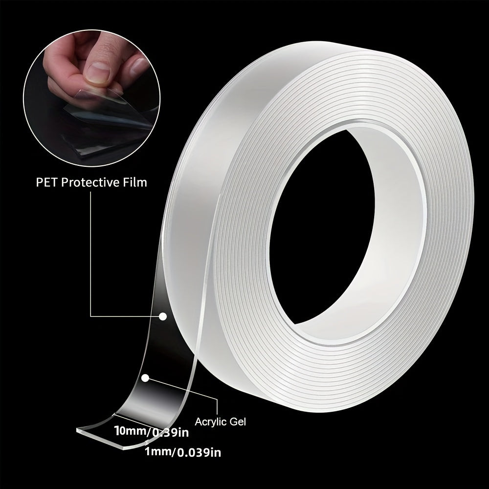 Transparent double sided nano tape for waterproof wall stickers, reusable and heat resistant for home decoration. Strong adhesive strips for multipurpose mounting needs.