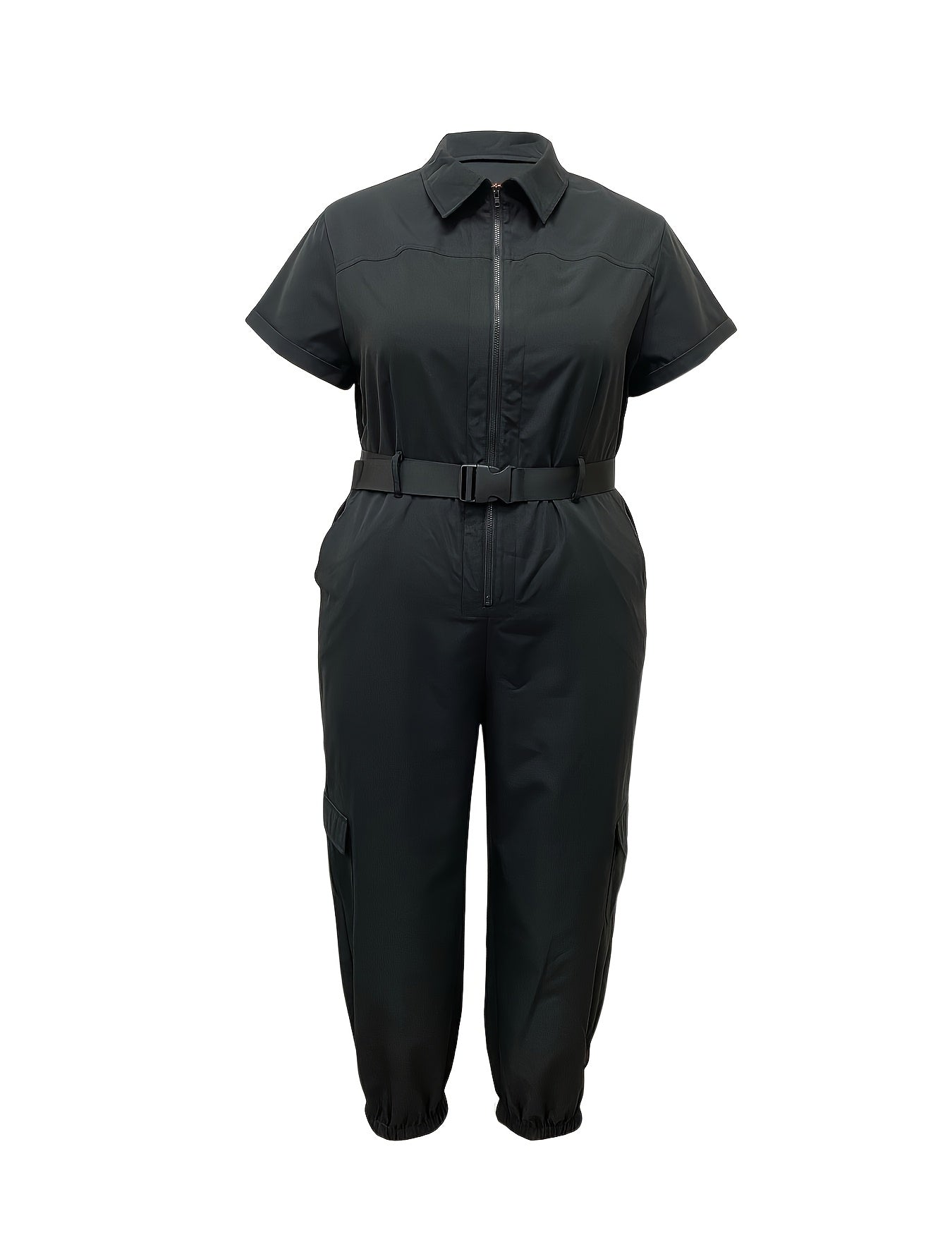 Plus size women's casual jumpsuit with pockets, zipper detail, belt, and non-stretch fabric suitable for all seasons.