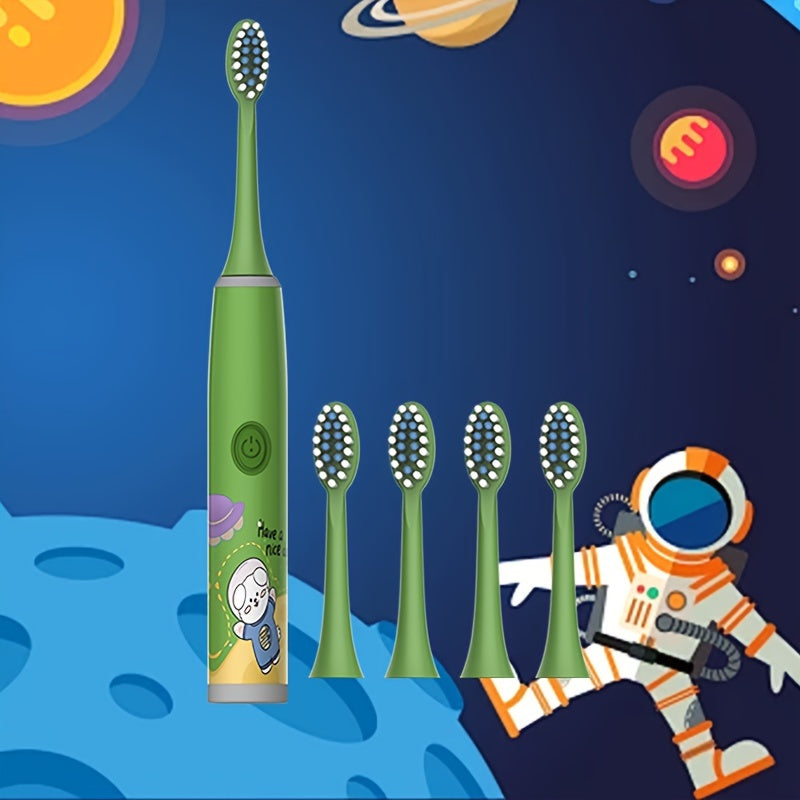 Cartoon Space Series Electric Toothbrush with 5 brush heads, battery powered, soft bristle, 2-minute timer, deep clean, cavity protection, perfect birthday gift.