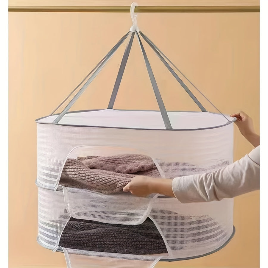 3-Tier Foldable Mesh Drying Rack with Zipper - Multi-functional Hanging Dryer for Laundry, Fish, and More - No Electricity Required, Ideal for Balcony, Clothing Drying, and Organization purposes.