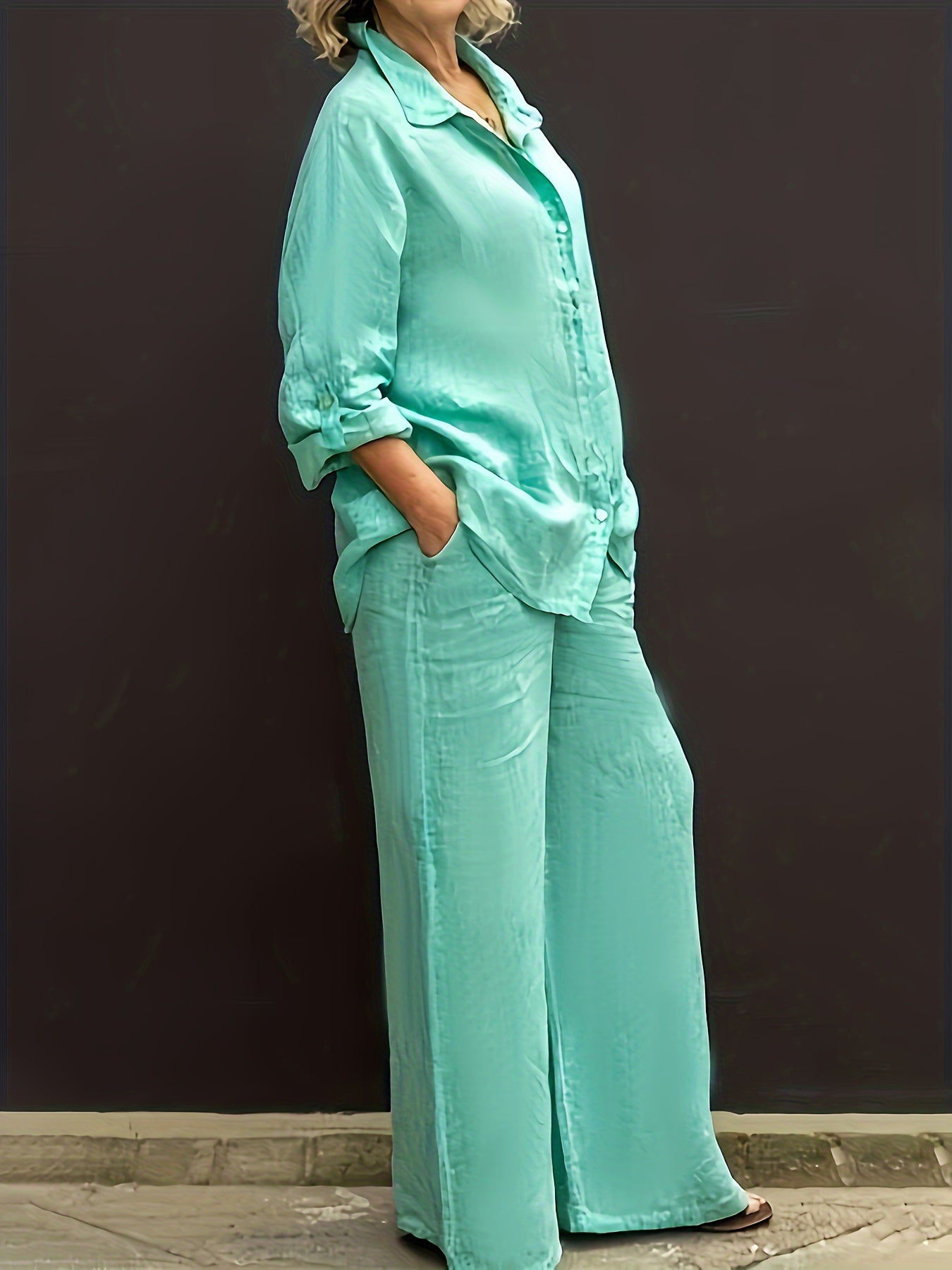 Women's casual two-piece set: solid color button-up shirt and wide-leg pants. Made of machine washable, stretch polyester blend.