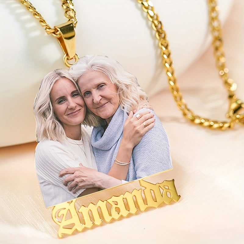 Personalized 18K Golden Plated Stainless Steel Photo Necklace with Engraved Name - Perfect for Mother's Day, Father's Day, New Year, Christmas - Stylish Party Accessory and Versatile All-Season Jewelry