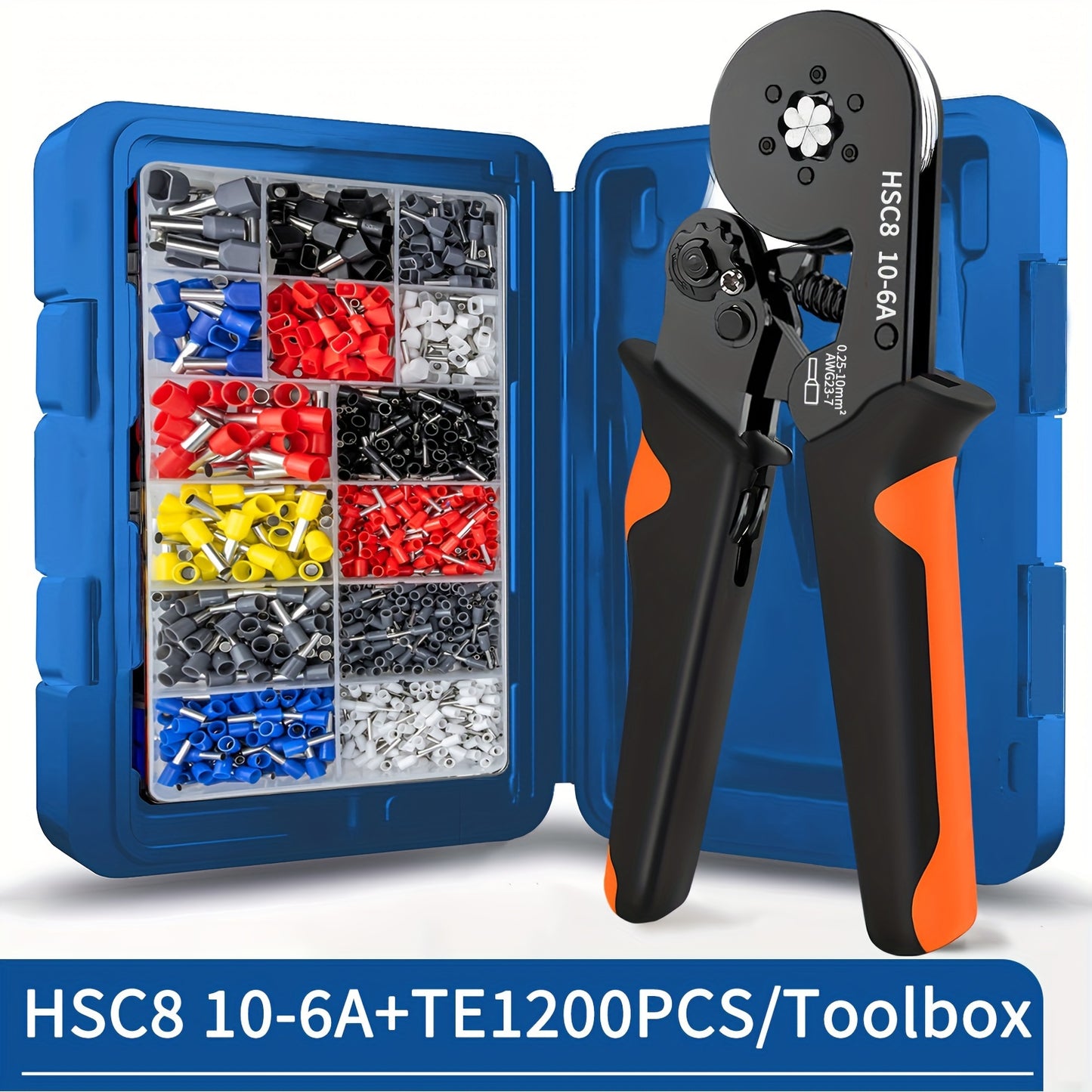 SANJIANG HSC8 10-6A Wire Crimper Tool Set with Carbon Steel Handle, 1200PCS VE Terminal Assortment Kit, Hexagonal Crimping for Cold Press Wire Connectors.