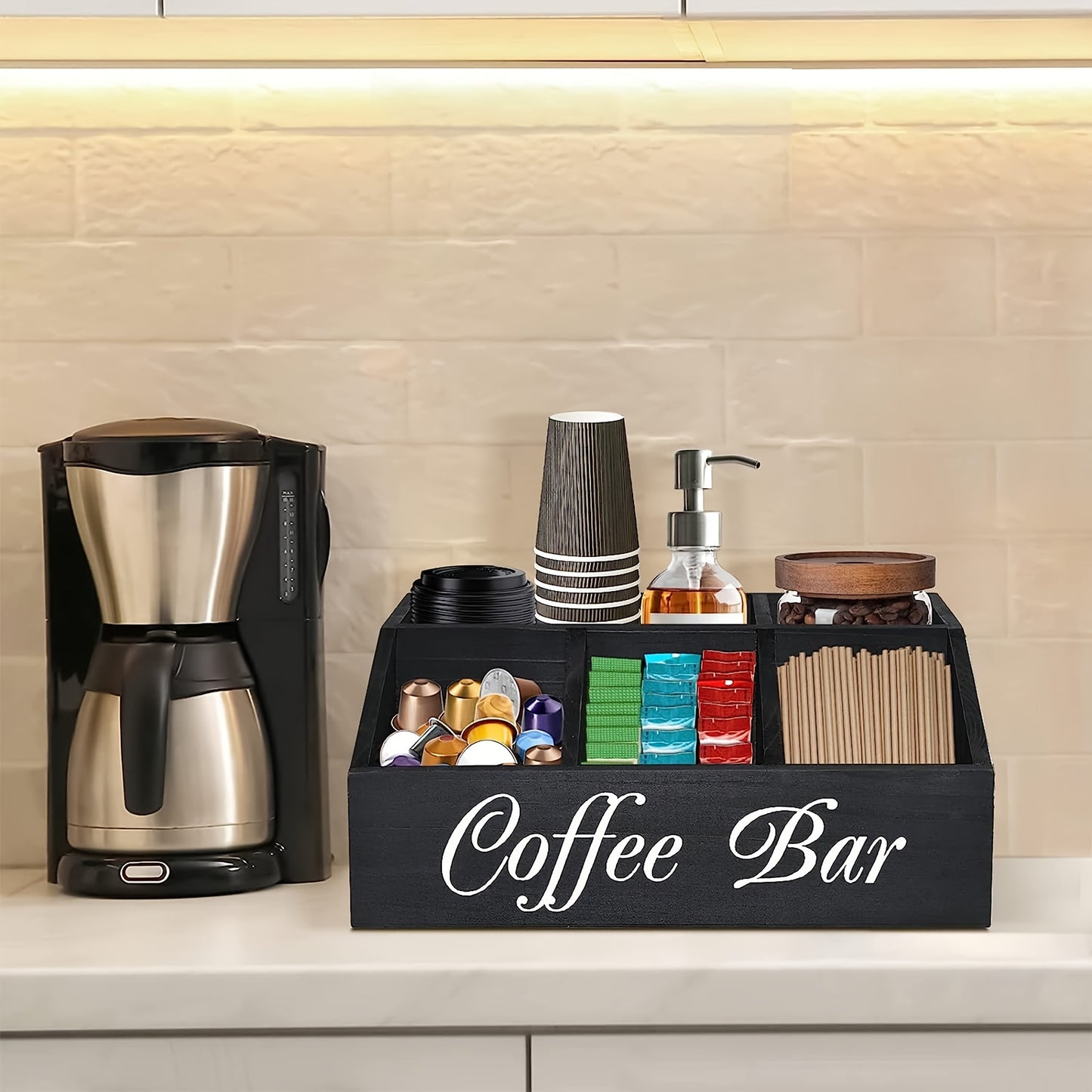 Wooden coffee station organizer for coffee and tea condiments, pods, and accessories; perfect for home organization and decor.