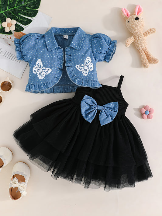 Spring/Summer baby girl tutu dress set includes butterfly print cardigan. Made of casual polyester mesh tulle skirt with bow detail and slight stretch blend top. Woven regular fit outfit