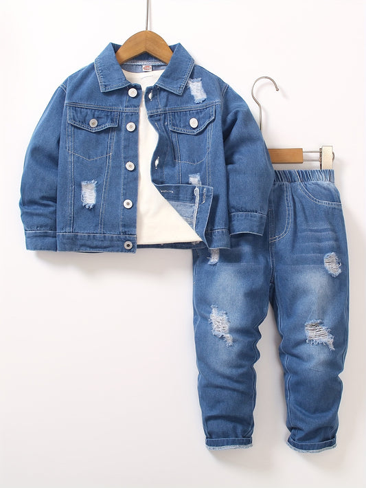 Spring and autumn denim set for men and youngsters, ideal for outdoor activities.