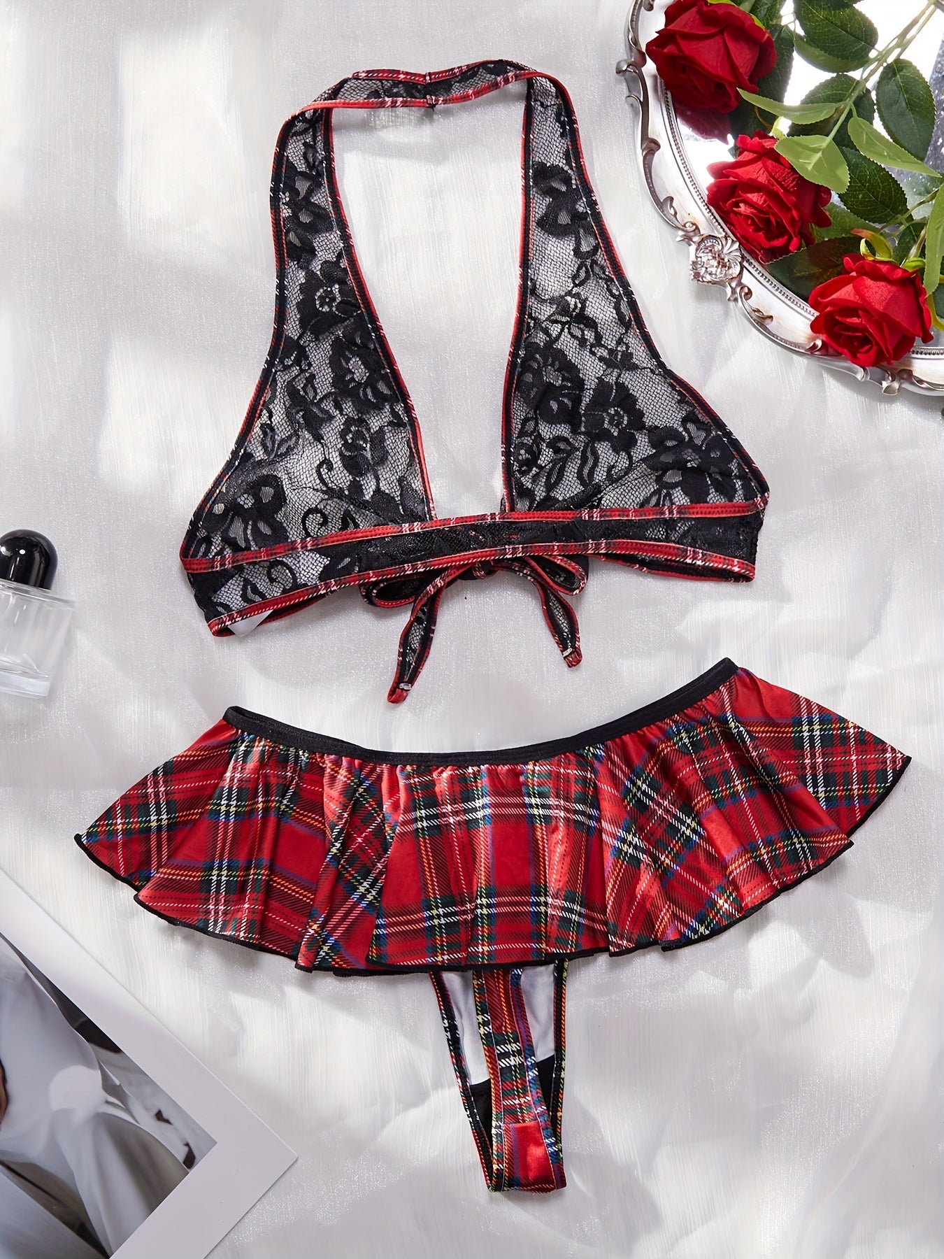 Sexy cosplay costume featuring a colorblock plaid print halter neck bra and layered thong, ideal for a music festival.