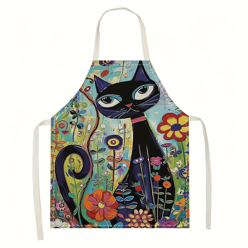 1 Linen apron with retro cat painting pattern, versatile for home kitchen work, cooking, cleaning, and restaurant use.