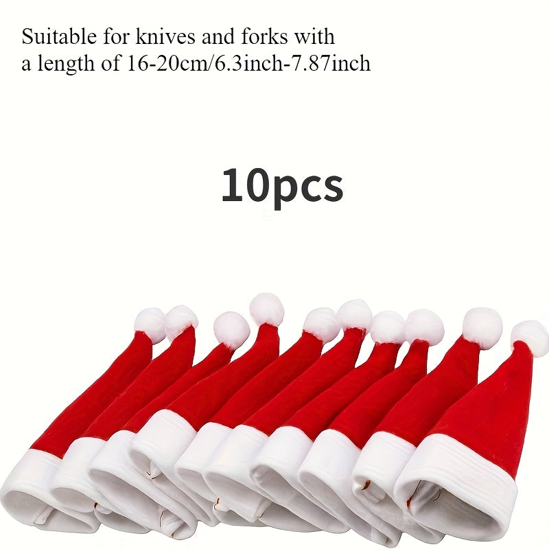 Set of 10 mini Christmas hat cutlery holders in red, ideal for holiday table decor and all-season dining.