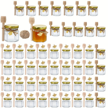 60/50/30/20 Honey Jars, 1.5 oz Hexagon Mini Glass Jars with Wood Dipper, Golden Lid, Bee Pendant, Jute Rope - Perfect for Jam, Candies, Baby Showers, Weddings and Favors.