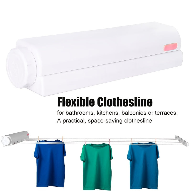 Save space with this Retractable Clothes Drying Rack, featuring 4/5 lines for hanging clothes. Made of durable plastic, this wall-mounted rack includes a towel bar and hooks for added convenience. Easy to use and portable, this Laundry Hanging Rod is