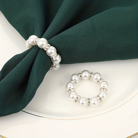 12 elegant pearl napkin rings for weddings, banquets, and home decor, handcrafted with a beaded, stretchable design.