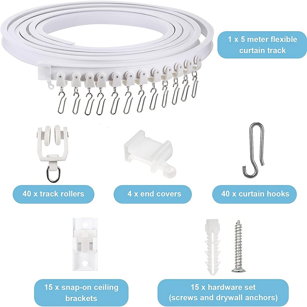 Bendable Rail Curtain Track Kit with Metal Hooks, White Plastic Window Divider for Bedroom - Available in Various Lengths (1m, 2m, 3m, 4m, 5m, 6m, 7m, 8m)